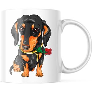 Dog Lover Mok met afbeelding: teckel met roos | Honden Liefhebber | Honden Spreuk | Cadeau | Grappige mok | Koffiemok | Koffiebeker | Theemok | Theebeker