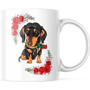 Dog Lover Mok met afbeelding: teckel met roos en rozen rond | Honden Liefhebber | Honden Spreuk | Cadeau | Grappige mok | Koffiemok | Koffiebeker | Theemok | Theebeker
