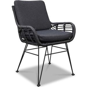 BUITEN living Carlos dining tuinstoel met kussens | wicker + RVS | charcoal (donkergrijs/antractiet)