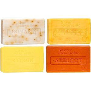 Set Marseille zeep 4 x 100 gram in geuren roosmarijn-sinaasappelbloem-citroen-abrikoos