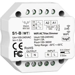 WiFi LED Push Dimmer - 200W - Fase afsnijding & Fase aansnijding - 2.4G - Beschermd tegen Overbelasting & Oververhitting - Universeel