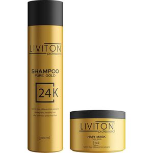 Liviton Pure Gold - Shampoo en Haarmasker - 24 essentiële oliën - Beschadigd haar - Sneller haargroei - Haarverzorging Set - 300 ml