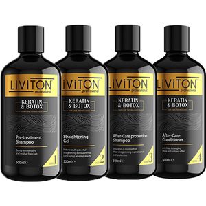 Liviton Keratine & Botox No.1 t/m 4 - Keratine Behandel Set 2x 500 ml - Keratine Shampoo 500 ml - Keratine Conditioner 500 ml - Proteïne Behandeling- Herstelt beschadigd haar