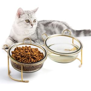 Kattenbak met standaard kattenvoer, antislip kattenvoerbak met 15° bescherming tegen kantelhals om braken te voorkomen kattenbak voor katten, glasmateriaal katten verhoogd - 2 kattenbakken