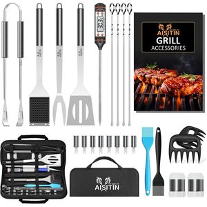 Barbecuebestek, 25-delige set, grillaccessoires, cadeau voor mannen, met grillkoffer en grillmat, van hoogwaardig roestvrij staal, voor tuin en camping, voor mannen en vrouwen