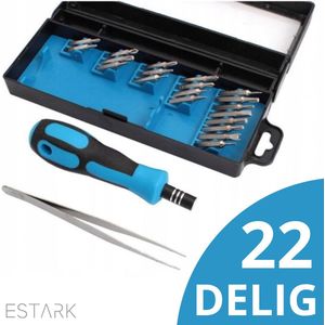 ESTARK® Schroevendraaier met bitset - 22 delig - gereedschapset - soft grip - precisie - schroevendraaier set - Kruis Platte kop - Mini schroevendraaier - Kleine schroevendraaier - Bits Bit Houder set + Pincet - Blauw 22 Delig