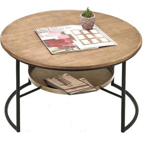 Salontafel Rond Ø 81*52 cm Bruin, Zwart Hout, Ijzer Bijzettafel Tafel