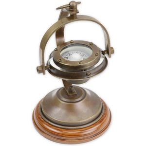 Kompas - Messing wegwijzer - met houten voetstuk - 19,5 cm hoog