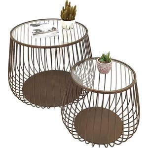 Bijzettafel Set van 2 Ø 75*55 / Ø 53*45 cm Bruin Ijzer, Glas Sidetable Tafeltje