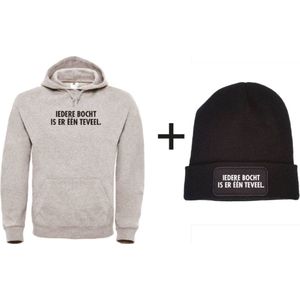 Set wintersport hoodie grijs S + muts - Iedere bocht is er één teveel - soBAD. | Foute apres ski outfit | kleding | verkleedkleren | wintersport beanie | wintersporttruien | wintersport dames en heren