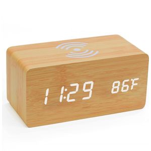 TIN-IN - Digitale Bureauklok - Temperatuurmeter met Draadloze oplader - licht hout