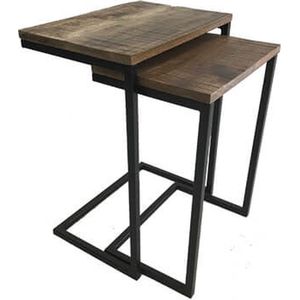 Tafel  - bijzettafel - houten blad  - metalen bloementafel -  trendy - set van 2  -  H61cm
