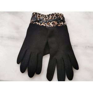Zwarte dameshandschoenen met luipaardprint boord en strik met touch tip