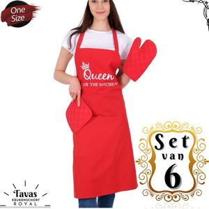 Set van 6 Rood | 65x95 cm | King & Queen of the Kitchen | 2 Keukenschorten - 2 Ovenwanten - 2 Pannenlappen | Kookschort met zakken | Keukenschort dames | Keukenschort voor vrouwen | Keukenschort voor mannen | cadeutje- kado | Kook- BBQ