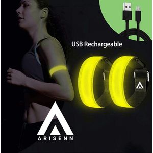 Arisenn® OPLAADBAAR LED LIGHTNING BAND GEEL|3 standen | Reflecterende Hardloop Verlichting - Hardloop | Running Safety Led Light/ Reflecterende armband led/ veiligheidsverlichting/ Hardloop verlichting/ USB OPLAADBAAR / Sportarmbanden| per 2 stuks