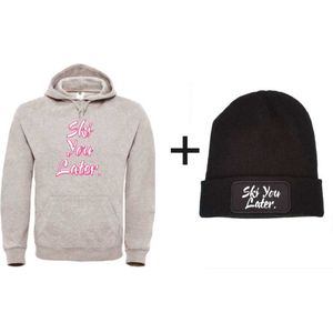 Set wintersport hoodie grijs S + muts - Ski you later - soBAD. | Foute apres ski outfit | kleding | verkleedkleren | wintersport beanie | wintersporttruien | wintersport dames en heren