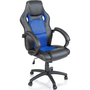 Tresko- Racing bureaustoel zwart/blauw, gevoerde armleuningen, kantelmechanisme, gasveer SGS getest