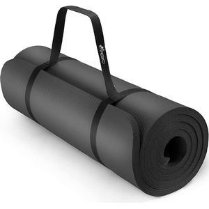 Tresko - Yogamat zwart 1,5 cm dik - fitness mat - sportmat - pilates - aerobics - yoga mat met draagriem