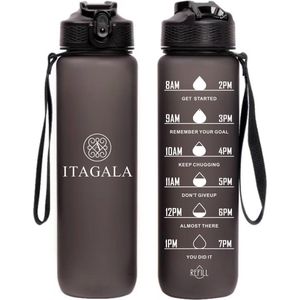 ITAGALA Drinkfles TRITAN - Waterfles met Tijdmarkeringen - 1 liter - Handige drinktuit & unieke maataanduiding - BPA- & Lekvrij - Drinkfles met rietje volwassenen - Drinkfles volwassenen - Drinkfles Kinderen - Drinkfles 1 liter - Sport Bidon - Zwart