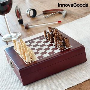 InnovaGoods Wijn- en Schaakset (37 Stuks) - Schenktuit - Druppelring - Thermometer - Kurkentrekker - 32 schaakstukken