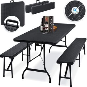 SmartImprove -  Tafel Set - 3 Delige Set - Tafel + 2 x Bank - Voor Binnen / Buiten - inklapbaar - Handgrepen - HxBxD: 73 x 180 x 75 cm - Kunststof - Camping - Look Tuinset - Vakantie - Klaptafel - Tuintafel - Zwart