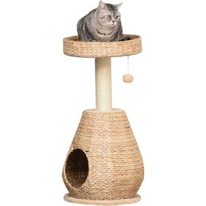 Medina Agen Point Cat Tree Krabpaal met Kattengrot - Geel - Gefabriceerd Hout, Pluche, Sisal - 15,74 cm x 15,74 cm x 32,48 cm