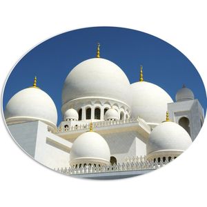 PVC Schuimplaat Ovaal - Witte Sjeik Zayed-moskee onder Stralend Blauwe Lucht op Zomerdag in Abu Dhabi - 68x51 cm Foto op Ovaal (Met Ophangsysteem)