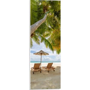 PVC Schuimplaat- Schuingroeiende Palmboom boven Ligbedden en Parasol op het Strand - 20x60 cm Foto op PVC Schuimplaat