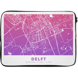 Laptophoes 14 inch - Stadskaart - Delft - Nederland - Paars - Laptop sleeve - Binnenmaat 34x23,5 cm - Zwarte achterkant