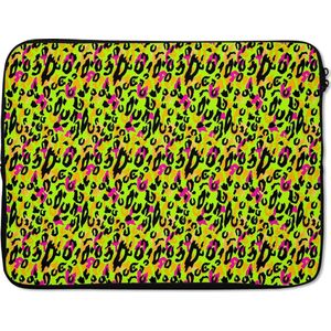 Laptophoes 17 inch - Panterprint - Patronen - Neon - Geel - Laptop sleeve - Binnenmaat 42,5x30 cm - Zwarte achterkant
