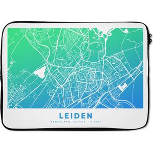 Laptophoes 13 inch - Stadskaart - Leiden - Nederland - Blauw - Laptop sleeve - Binnenmaat 32x22,5 cm - Zwarte achterkant