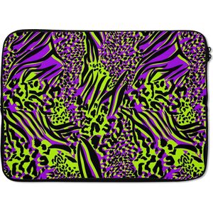 Laptophoes 14 inch - Dierenprint - Neon - Paars - Groen - Laptop sleeve - Binnenmaat 34x23,5 cm - Zwarte achterkant