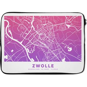 Laptophoes 14 inch - Stadskaart - Zwolle - Paars - Roze - Laptop sleeve - Binnenmaat 34x23,5 cm - Zwarte achterkant