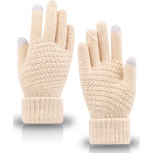 Warme handschoenen met 2 touchscreen vingertoppen - Beige - Handpalm omtrek 20,5 CM - gewoven kunstwol handschoenen - Smartphone handschoenen