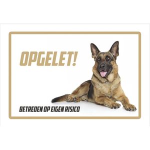 Waakbord/ bord | ""Opgelet! Betreden op eigen risico"" | 30 x 20 cm | Duitse Herder | Beige | Waakhond | Hond | Betreden op eigen risico | Dikte: 1 mm | Polystyreen | Rechthoek | Witte achtergrond | 1 stuk