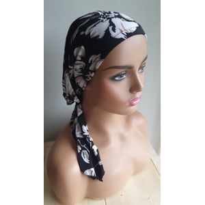 Chemo muts - Turban - Cap - Print - Zwart - Flower - 1 maat