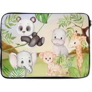 Laptophoes 14 inch - Jungledieren - Kinderen - Panda - Laptop sleeve - Binnenmaat 34x23,5 cm - Zwarte achterkant
