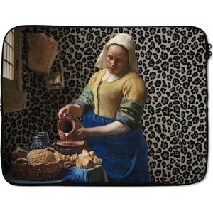 Laptophoes 17 inch - Melkmeisje - Kunst - Panterprint - Vermeer - Schilderij - Oude meesters - Laptop sleeve - Binnenmaat 42,5x30 cm - Zwarte achterkant