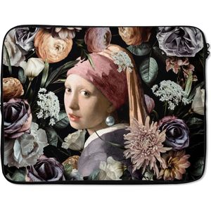 Laptophoes 15.6 inch - Meisje met de parel - Bloemen - Vermeer - Pastel - Kunstwerk - Schilderij - Oude meesters - Laptop sleeve - Binnenmaat 39,5x29,5 cm - Zwarte achterkant
