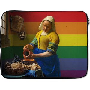 Laptophoes 17 inch - Vermeer - Melkmeisje - Regenboog - Laptop sleeve - Binnenmaat 42,5x30 cm - Zwarte achterkant