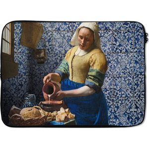 Laptophoes 13 inch - Melkmeisje - Delfts Blauw - Vermeer - Schilderij - Oude meesters - Laptop sleeve - Binnenmaat 32x22,5 cm - Zwarte achterkant