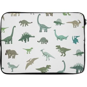 Laptophoes 14 inch - Dinosaurus - Groen - Jongens - Bruin - Kind - Patronen - Laptop sleeve - Binnenmaat 34x23,5 cm - Zwarte achterkant