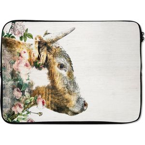 Laptophoes 13 inch - Schotse hooglander - Koe - Rozen - Roze - Laptop sleeve - Binnenmaat 32x22,5 cm - Zwarte achterkant