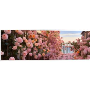 PVC Schuimplaat- Bloemen - Bladeren - Rozen - Hek - Roze - 90x30 cm Foto op PVC Schuimplaat