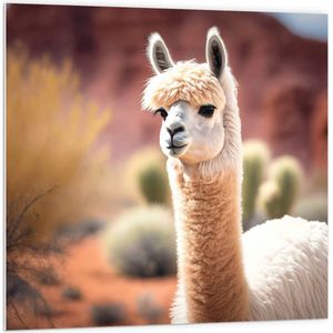 PVC Schuimplaat - Dier - Lama - Wit - Planten - Cactus - 100x100 cm Foto op PVC Schuimplaat (Met Ophangsysteem)