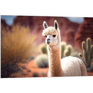 PVC Schuimplaat - Dier - Lama - Wit - Planten - Cactus - 105x70 cm Foto op PVC Schuimplaat (Met Ophangsysteem)