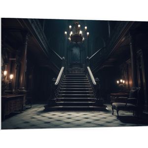 PVC Schuimplaat- Huis - Trap - Donker - Stoel - Lampen - Groot - Gang - 100x75 cm Foto op PVC Schuimplaat