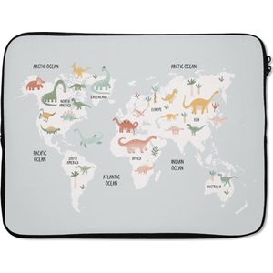 Laptophoes 17 inch - Kinderkamer - Wereldkaart - Dinosaurussen - Laptop sleeve - Binnenmaat 42,5x30 cm - Zwarte achterkant