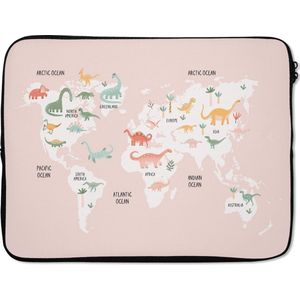 Laptophoes 17 inch - Wereldkaart - Kinderen - Dino - Laptop sleeve - Binnenmaat 42,5x30 cm - Zwarte achterkant