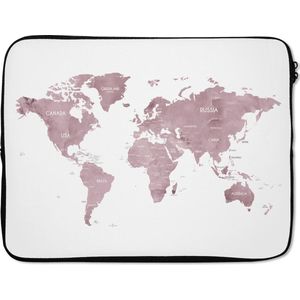 Laptophoes 17 inch - Wereldkaart - Roze - Design - Laptop sleeve - Binnenmaat 42,5x30 cm - Zwarte achterkant